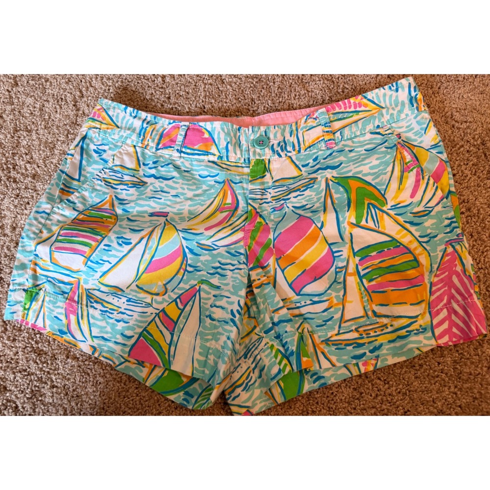 Lilly Pulitzer Callahan Shorts Sailboat Print Nautical Chino Blue Pink Size 12